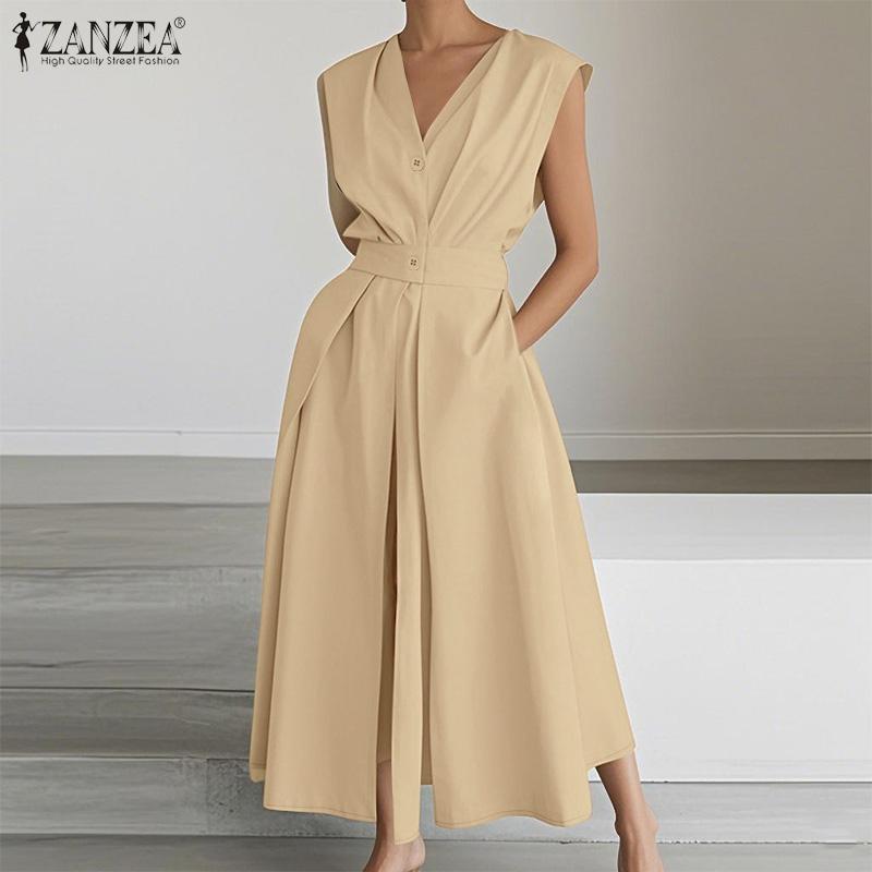 ZANZEA Womens Summer V-Neck Casual Sleeveless Long Dress