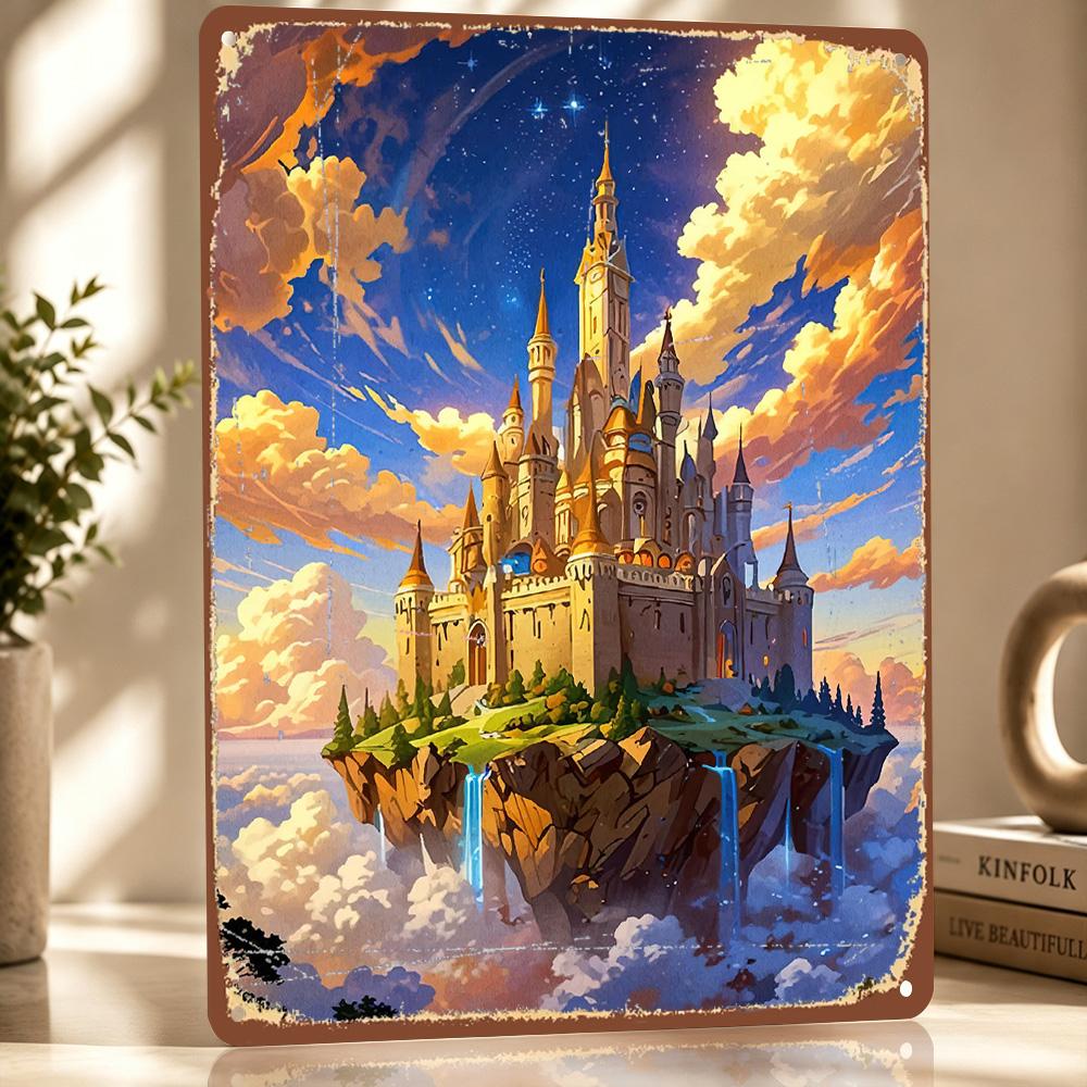 Fantasy Castle the Sky Personalized D Textured Metal Poster Wall Art Vintage Tin Signs for Luxury Decoration Home Decorations
