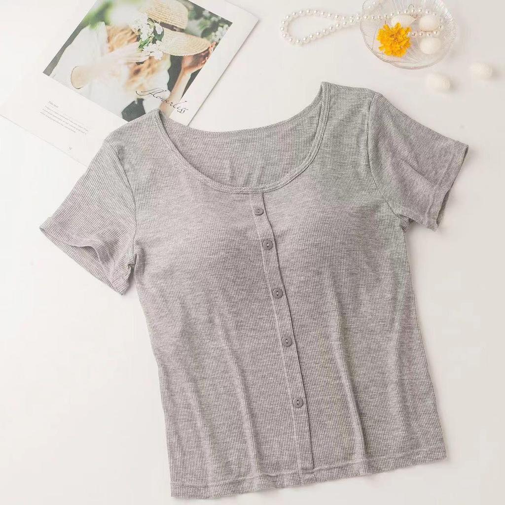 Modal Women's Short Sleeve Padded Top with Pajama-Style Back - Ribbed Base Layer for Inner or Outer Wear