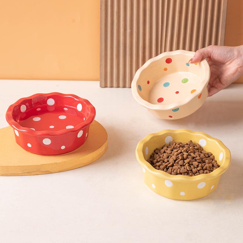 Ceramic Cat Bowl Lace Polka Dot Pet Bowl Anti-Black Chin Cat Food Bowl Cat Food Bowl Small Dog Teddy Pet Supplies