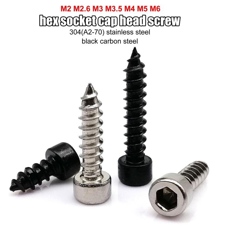 10/50X M2 M2.6 M3 M3.5 M4 M5 M6 Black Carbon 304 Stainless Steel Allen Hex Hexagon Socket Cap Round Head Wood Self Tapping Screw