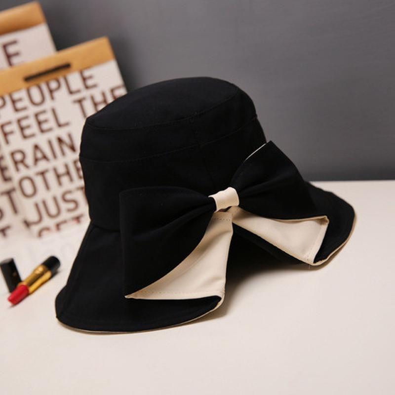 

Summer Bows Face Covering Western Style All-Matching Sun Hat Sun Hat New Style Fisherman Hat Female Sun Protection Big Brim Bucket Hat Black Adjustable