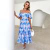 Women's Summer Strapless Print Pleated Dress Short Sleeve Ankle Length Fashion