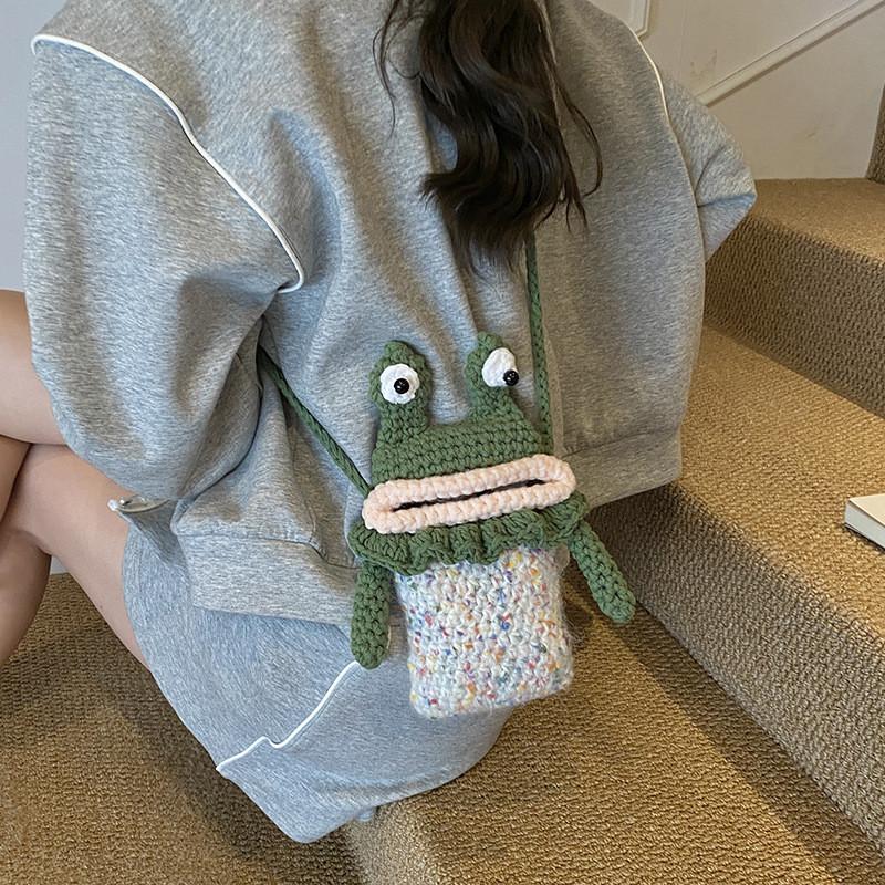 Childrens Green Cotton Knit Frog Mini Crossbody Bag With Soft Structure For Daily Activities