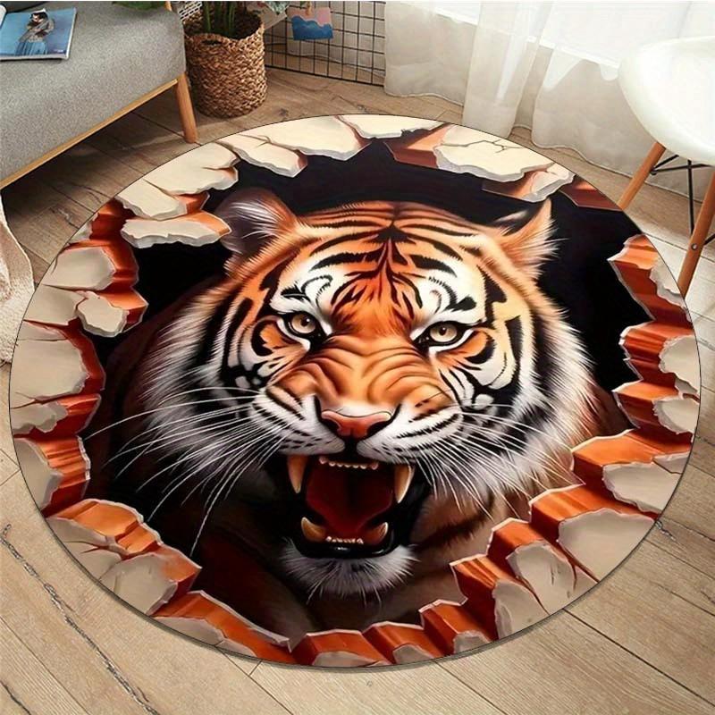 

1pc 3D Roaring Tiger Pattern Round Rug, Non-slip Floor Mat for Living Room, Bedroom, Bathroom, Holiday Home Decoration 60cm