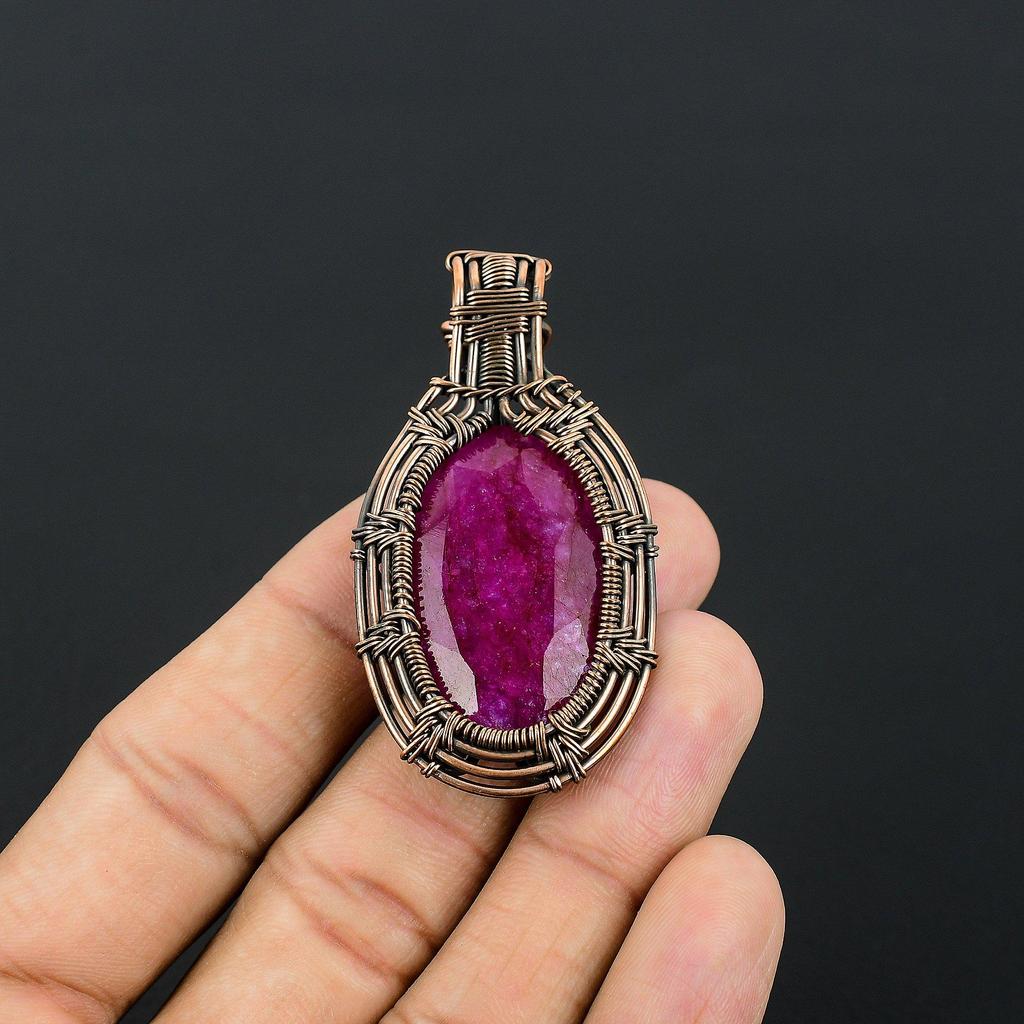 Ruby Pendant Gemstone Jewelry, 999 Copper Wire Wrapped Handmade Pendant, Latest Design Jewelry
