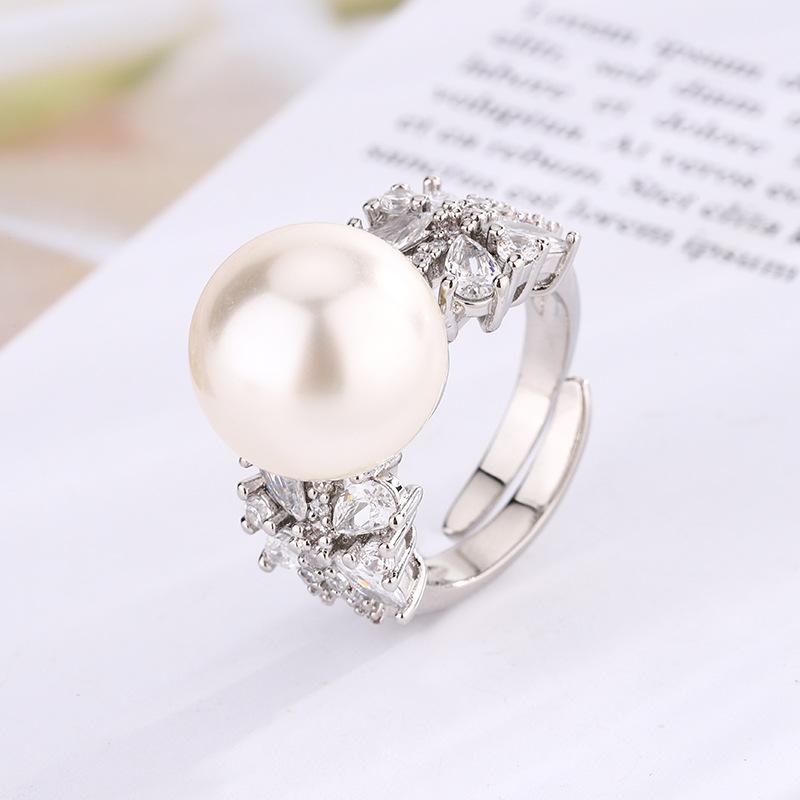 4 Jewelry Copper Platinum Plated Row Ring Pearl Temperament Light Luxury Women'S Ring 14Mm