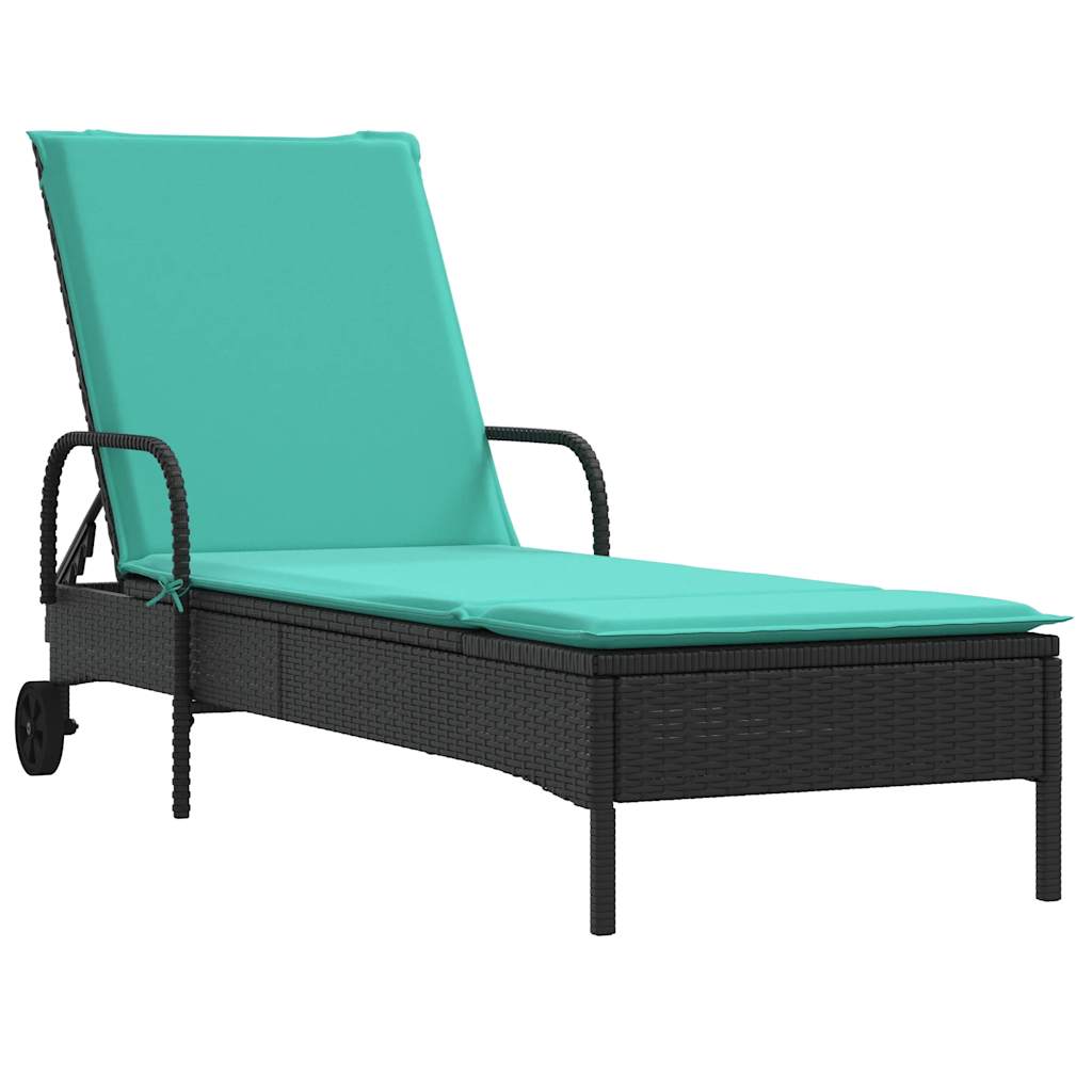 Sun Lounger with Wheels and Cushions Black Poly Rattan