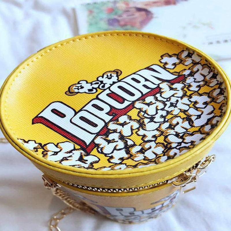 Popcorn Design Bucket Bag, Chain Crossbody Bag, Creative Cylinder Purse For Women, PU Leather Textured Bag Purse, Fancy Fashion Shoulder Bag