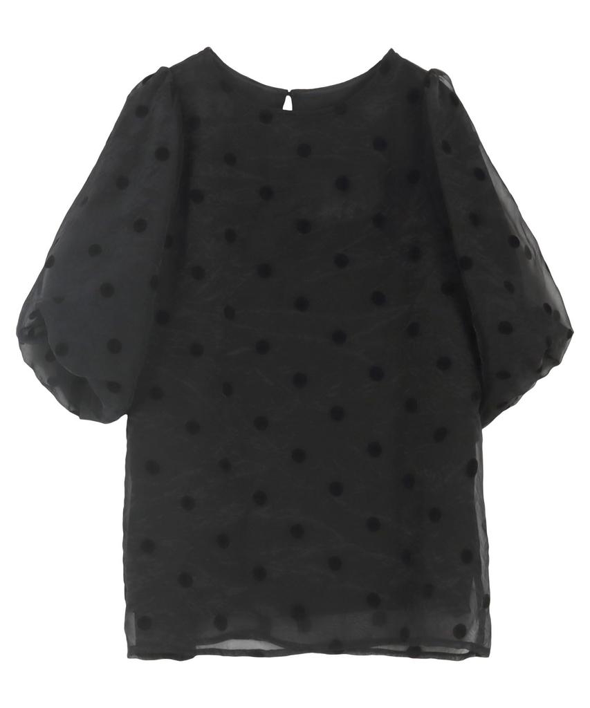 Kobe Lettuce Flocked Dot Blouse with Volume Polka Dot Sheer Shirt Size Black Sleeves, Shirt, Spring/Summer Occasion, [C7119], M,