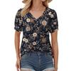 Damenmode Blumendruck Top Puff Kurzarm V-Ausschnitt T-Shirt Lose Casual T-Shirt