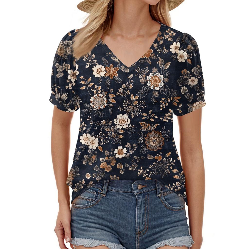 Damenmode Blumendruck Top Puff Kurzarm V-Ausschnitt T-Shirt Lose Casual T-Shirt