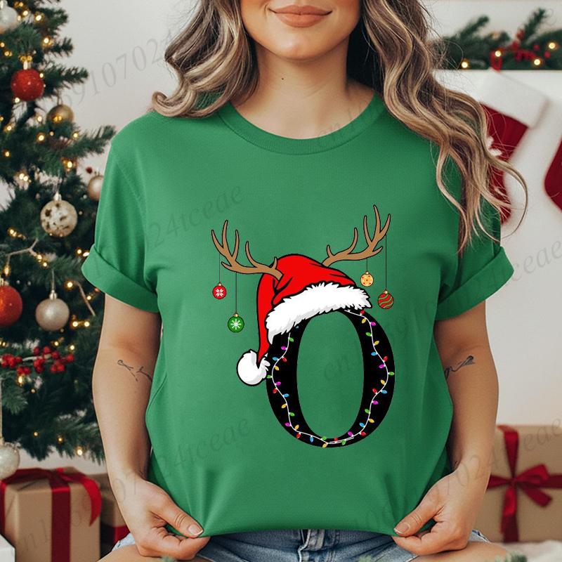 Fashion Christmas Alphabet Santa Reindeer Print T-Shirts Fashion Clothing Short Sleeve T-shirt Christmas Party Trend Women Tops