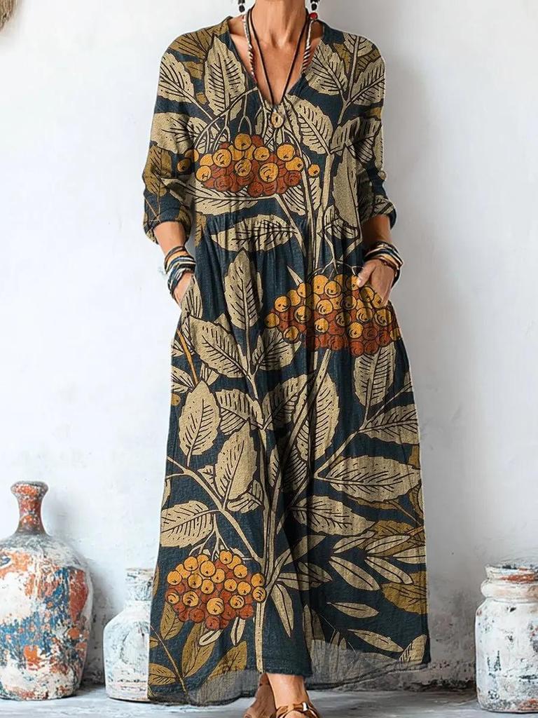 Retro Böhmisches V-Ausschnitt Ethnisches Stil Kleid - Europäischer & Amerikanischer Lässiger Lockerer Schnitt