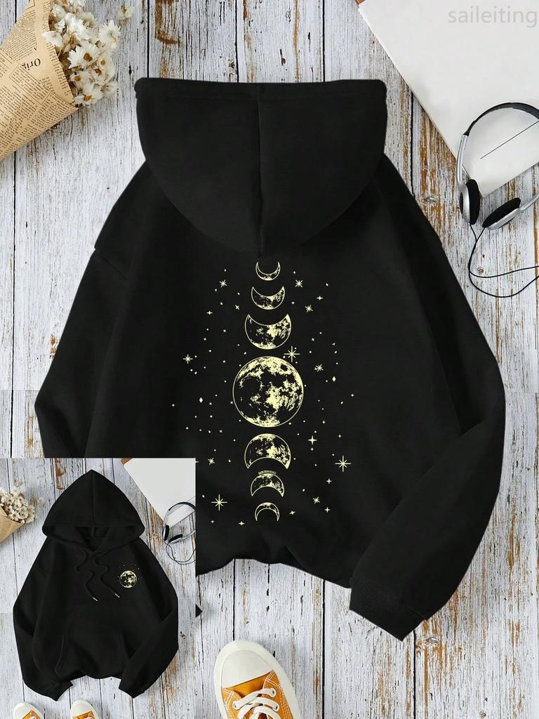 New with Different Moon Prints Front and Back Printed kangaroo pocket Hoodies Casual and Fashionable Women's Clothing