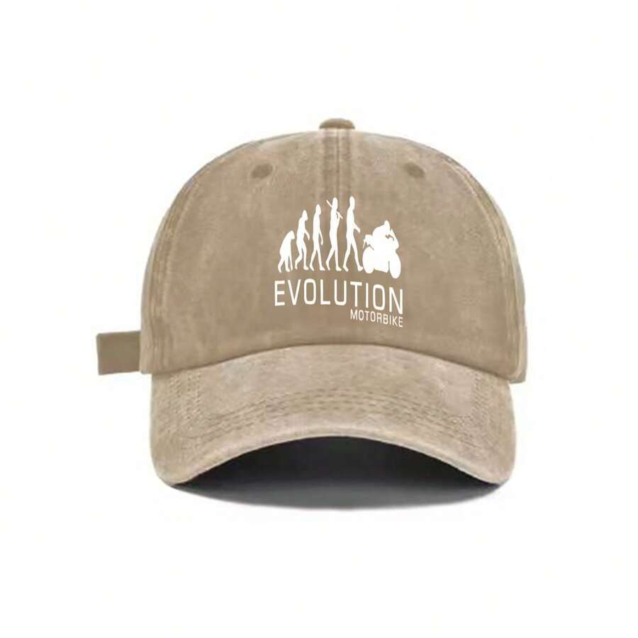 Washed Gray Baseball Cap With Evolution Motorbike Print Adjustable Snapback Hat Casual Streetwear Outdoor Sun Protection