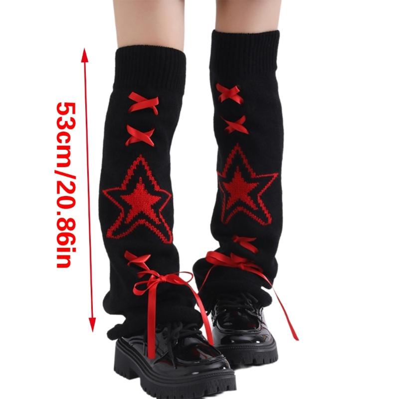 Women's Punk Star Pattern Knitted Leg Warmers with Ribbon Bows Flared Boot Covers Knee Length Socks Japanese Streetwear