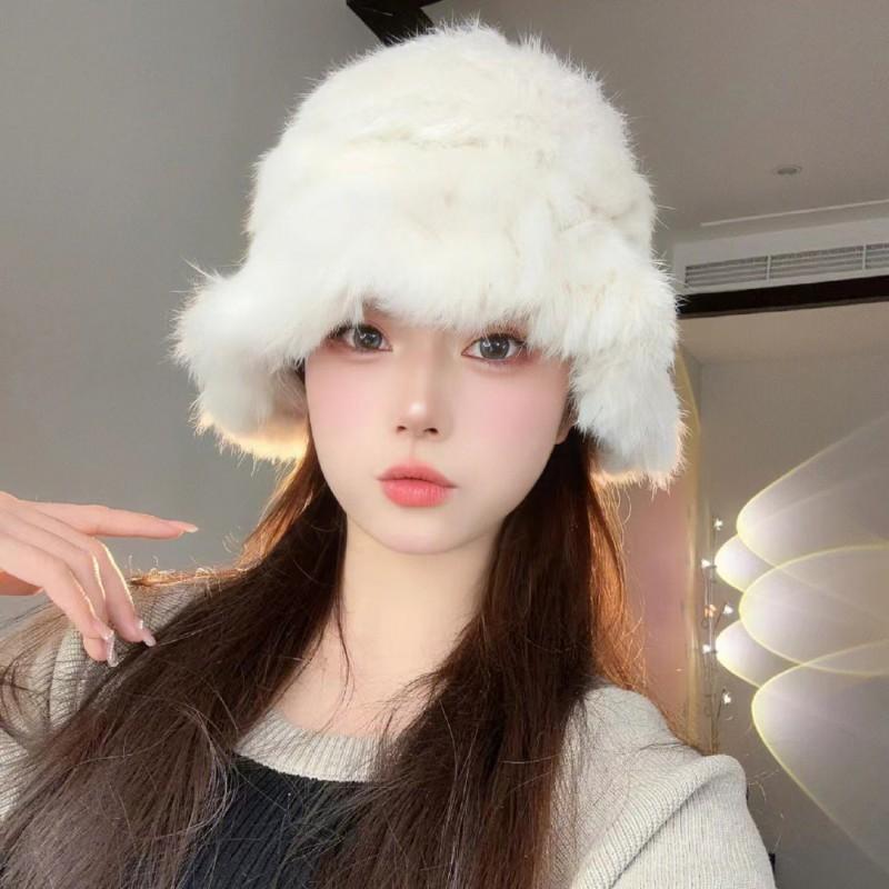 Fashion Rabbit Fur Patchwork Knit Bucket Hat Women Warm Fall Winter Large Head Size Face Slimming