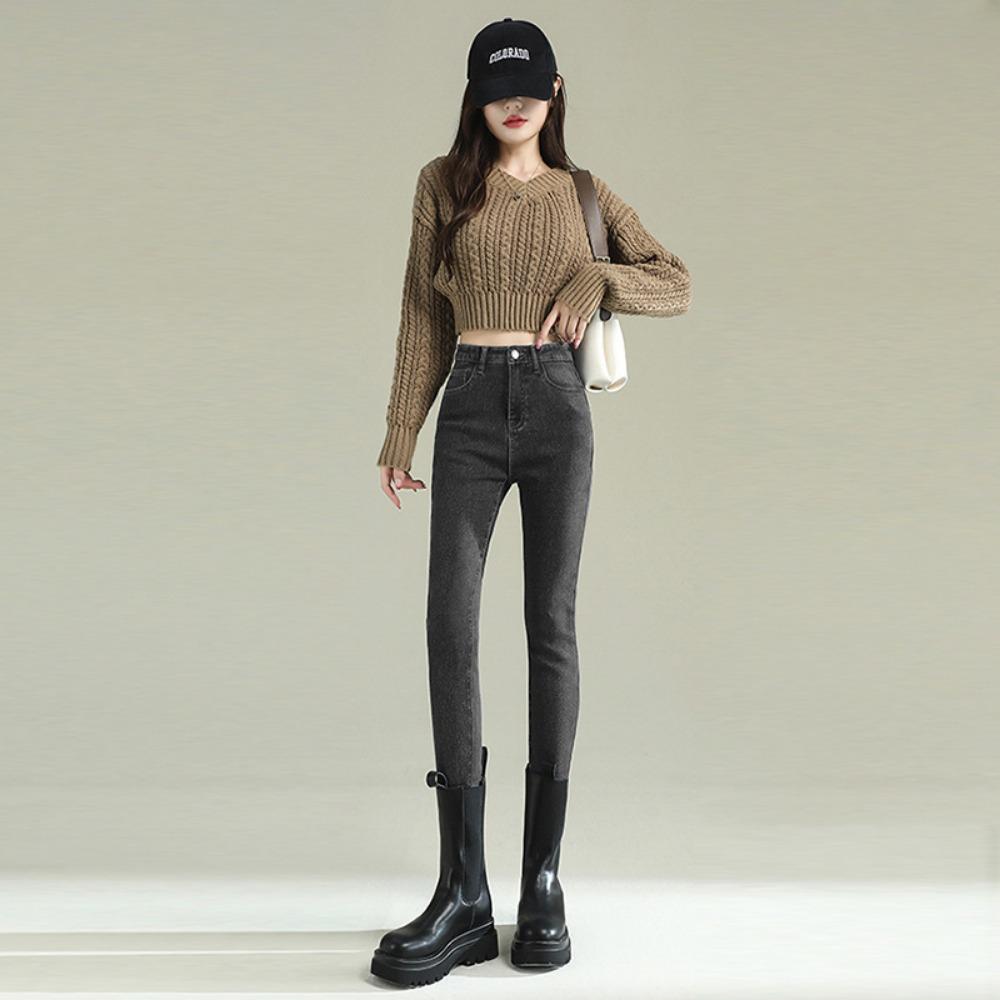 Casual versatile high-waisted elastic small-footed jeans women's autumn and winter slim-fitting and thin pencil pants