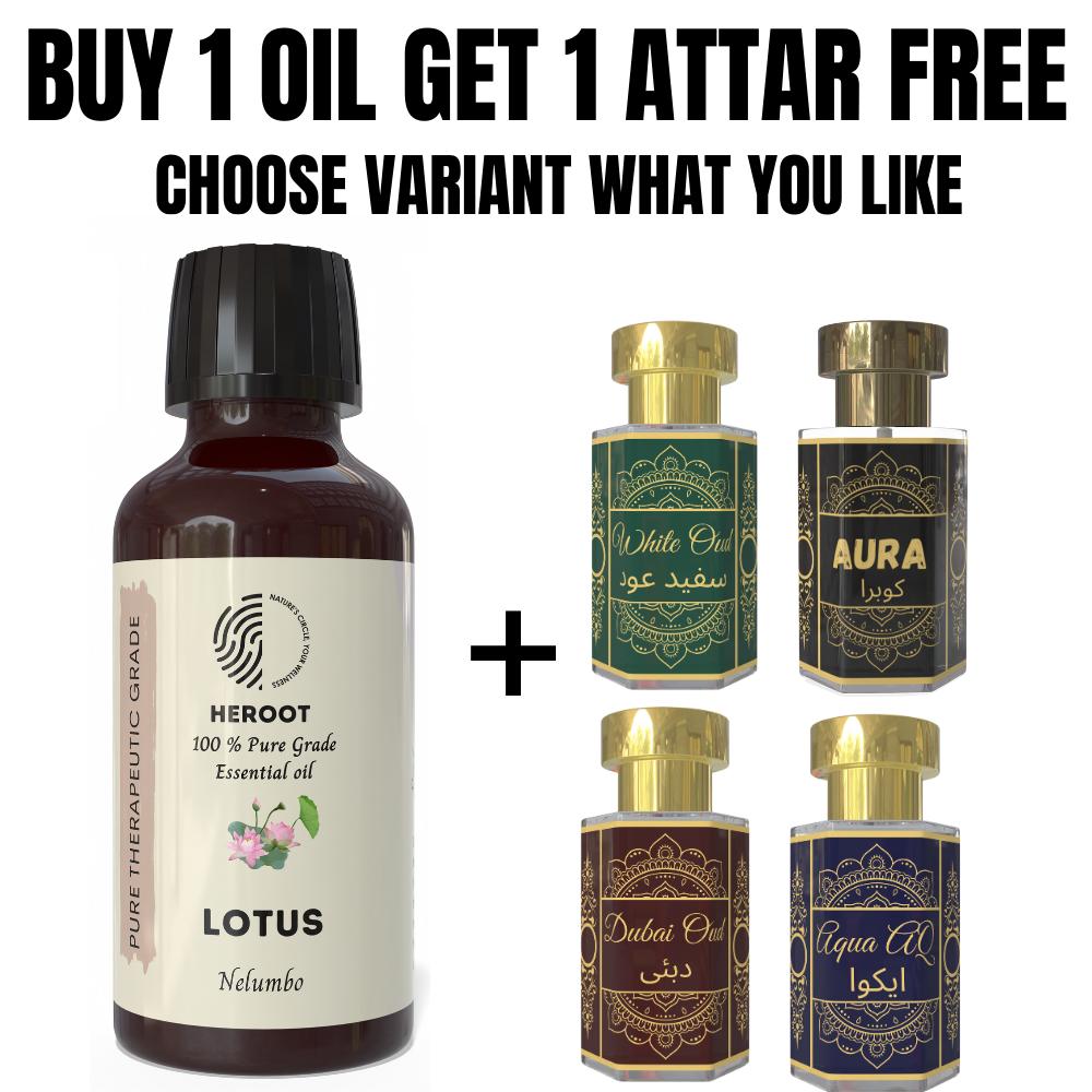 Ulei Esențial de Lotus 10ml pentru Aromoterapie & Parfum de Casă primiți 1 Attar Gratuit de 6 ml – Aqua AQ, Oud din Dubai, Aura, Oud Alb