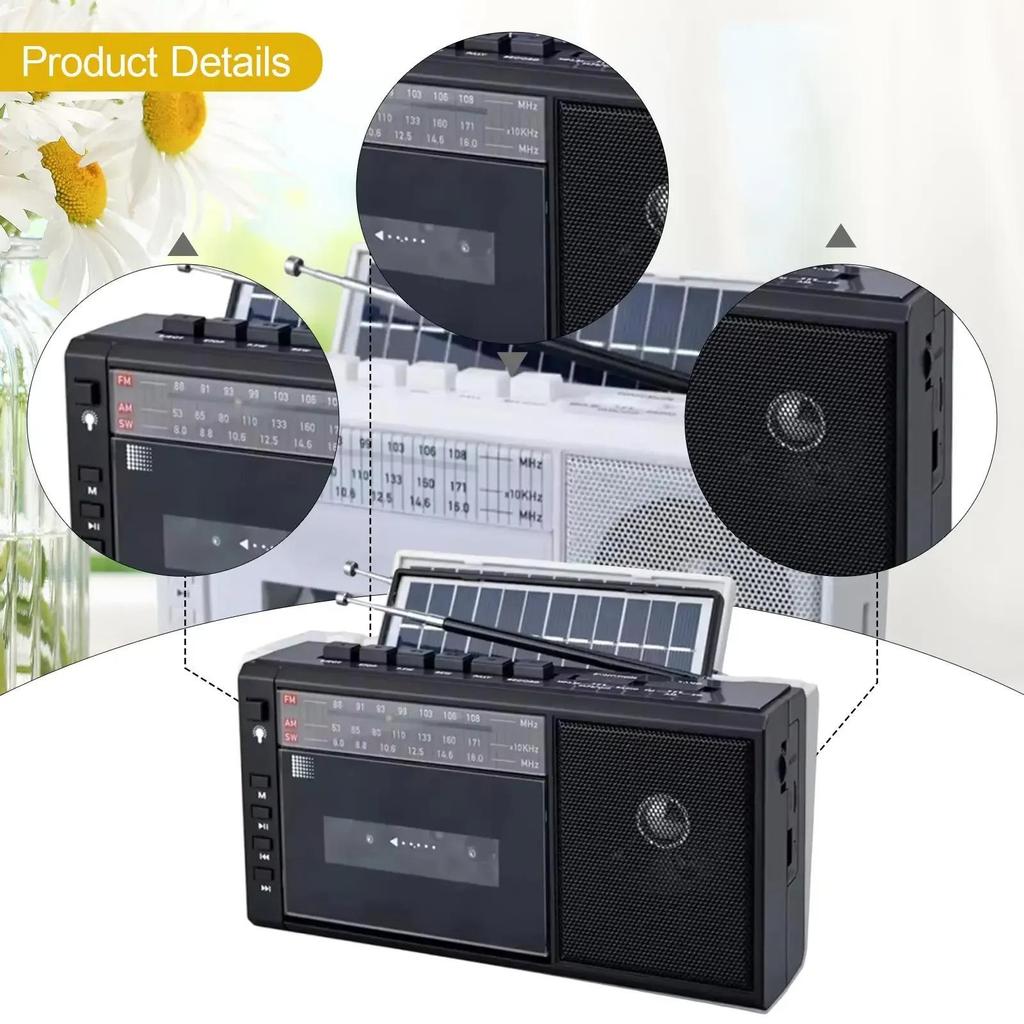 Tragbares Solar USB AM/FM/SW Mehrbandradio Stereo Drahtloses Bluetooth MP3 Audio Kassettenbandspieler Aufnahmegerät AM Radio