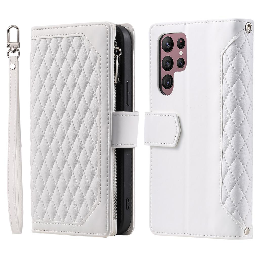 Quilted Zipper Wallet Case for iPhone 17 Pro & Samsung S25 Ultra - Flip Leather Card Holder Cover with Wrist Strap
