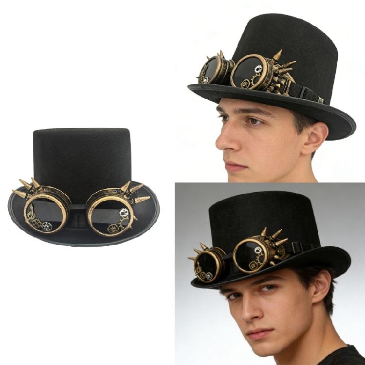 Trendiger Mechanisches Zahnrad Hoher Hut Cosplay Kostüm Kopfschmuck mit Nietenbesetzten Schutzbrillen für Cocktailparty Verkleidung