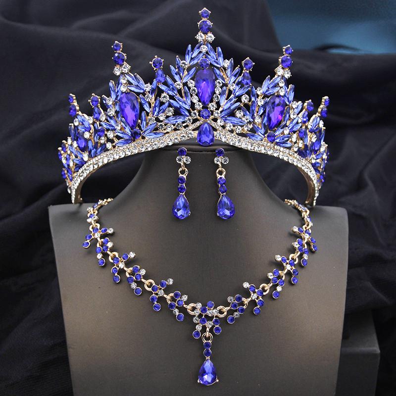 Queen Bridal Jewelry Sets for Women Pink Tiara Wedding Dress Crown With Necklace Earring Set Party Birthday Costume Accessories