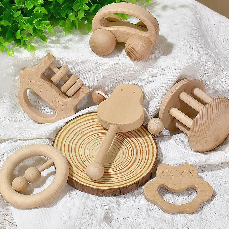 Infant Soothing Wooden Rattle Toy Set: Hand-Shaking Bell, Cage, and Baby Grip Car