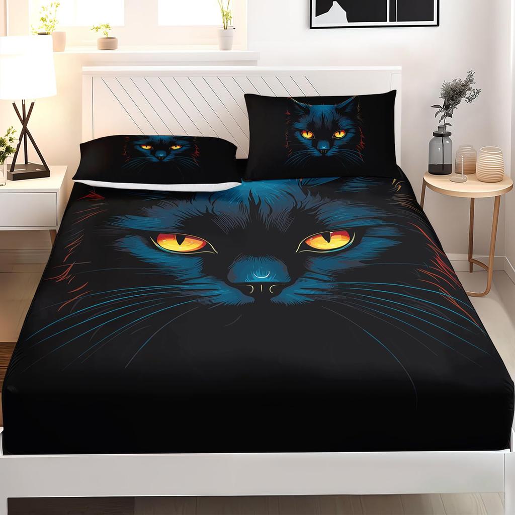 Animal Black Cat Pattern Bed Hat Three-Piece Digital Printing Bedding Bed Hat Three-Piece Set Children And Adults