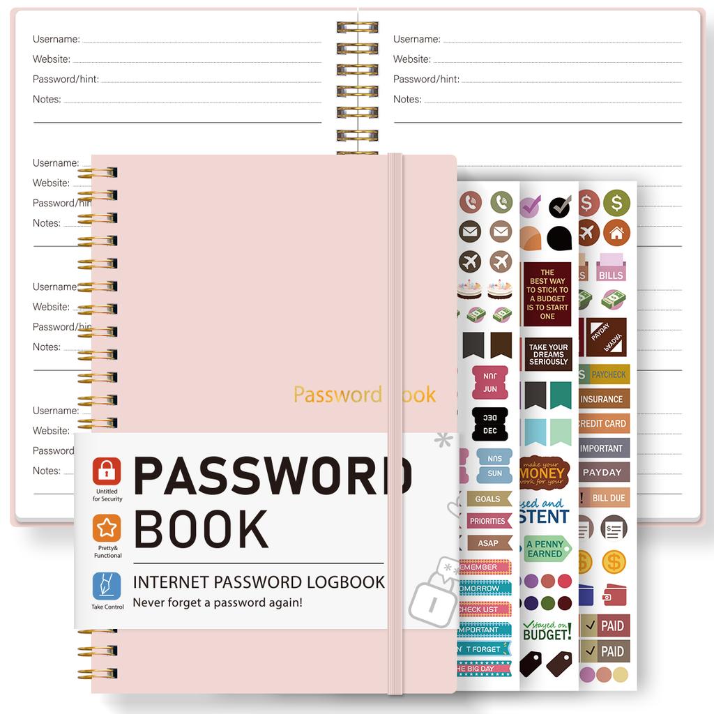 A5 Pink Password Book Internet Address Account Logbook With Password Hint Pages Stickers Spiral Bound