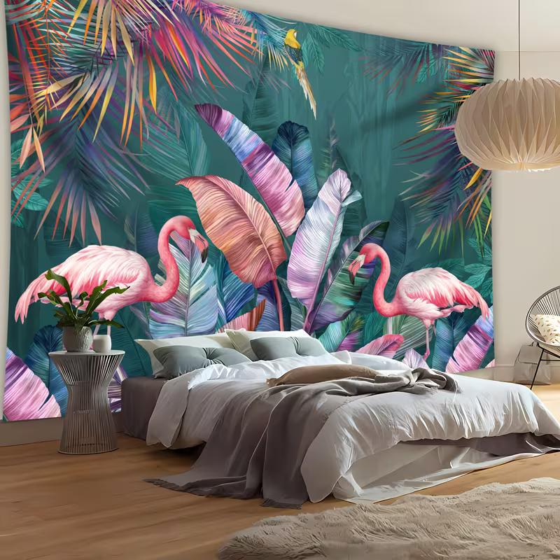 2D Watercolor Flamingo Tapestry Tropical Jungle Scene Wall Hanging