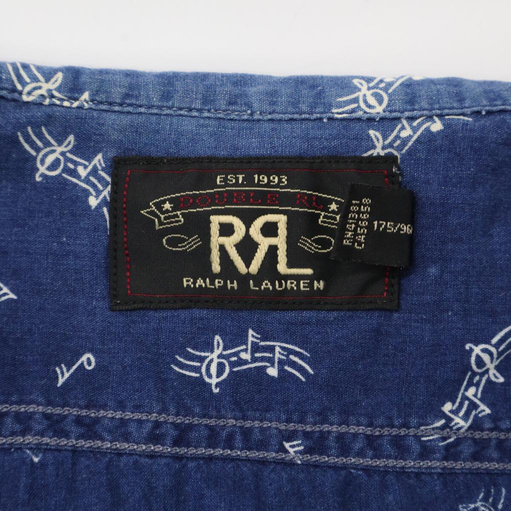 RRL Indigo Musical Note Pattern Cat Eye Button Long Sleeve Shirt Tops M NavyUsed