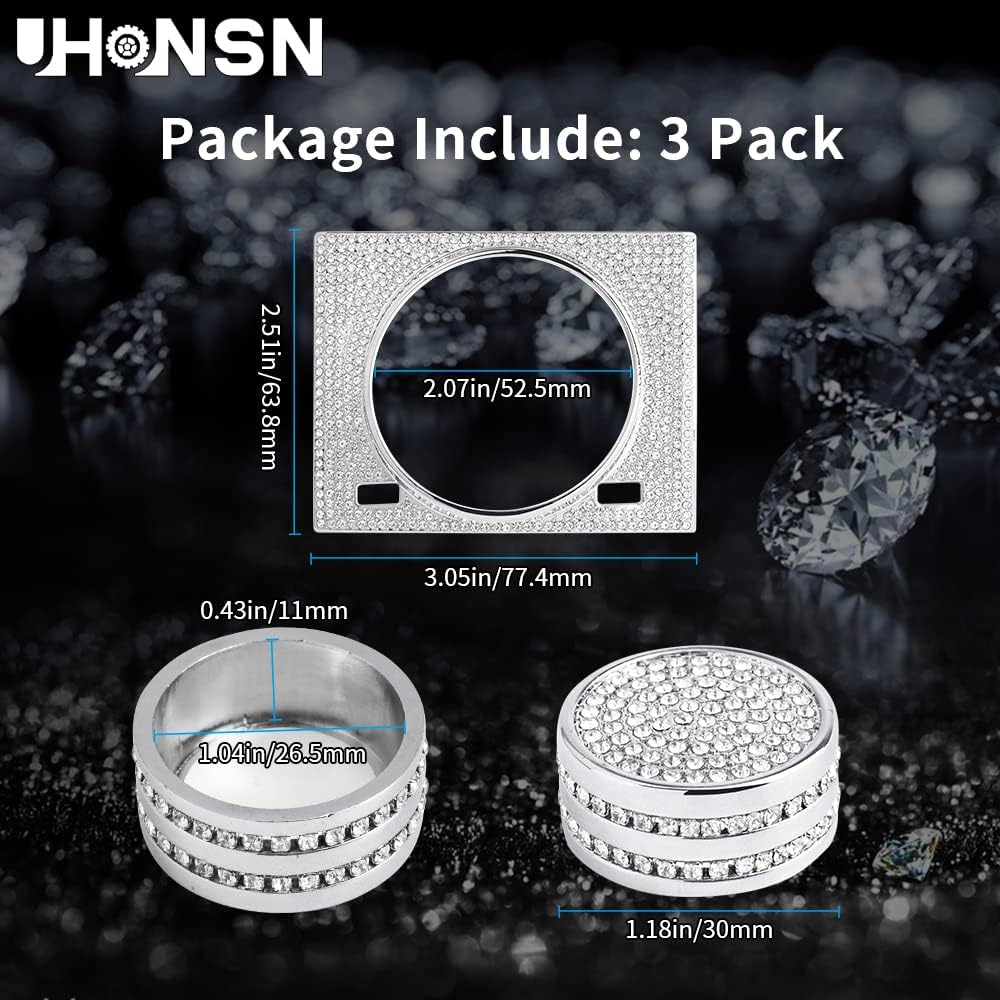 UHONSN 3Pcs Car Interior Accessories for Lexus RX Bling Volume Knob Cap Clock Frame Cover Sticker Decoration Parts Decals Women Men Silver Crystal