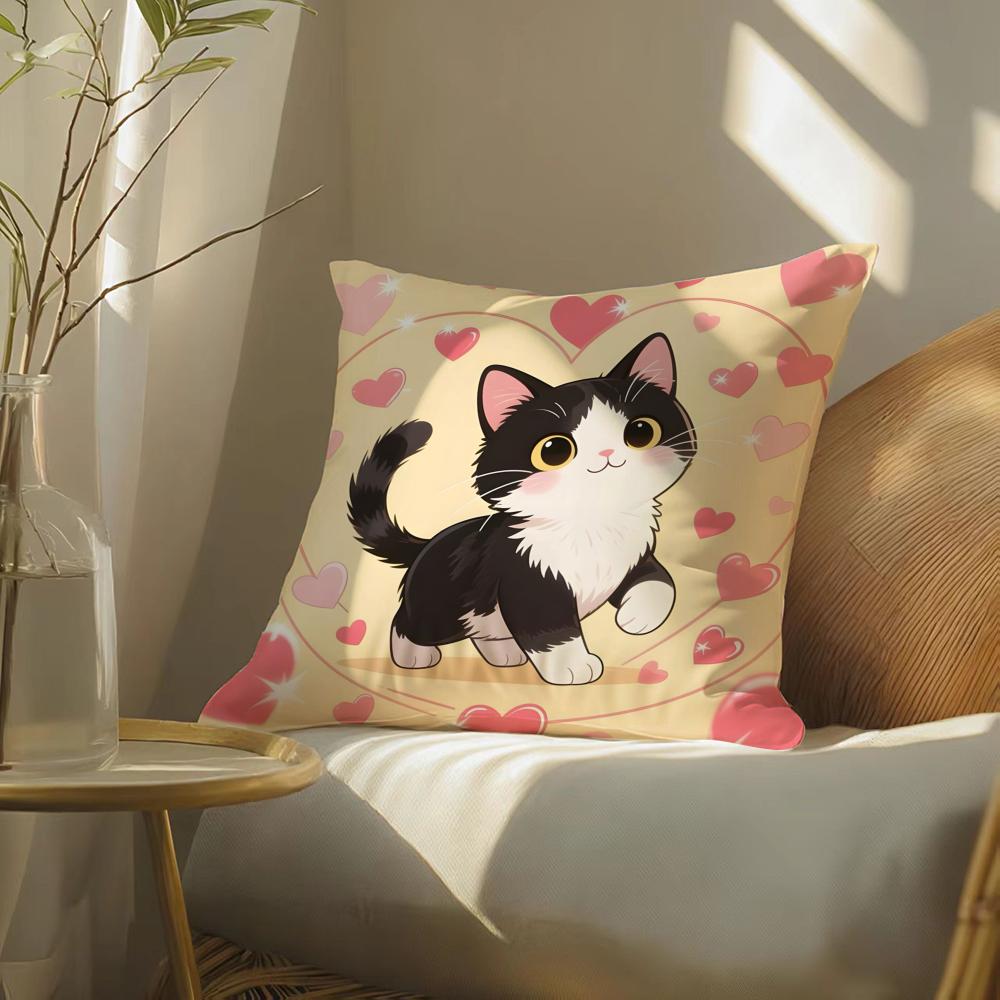 Cute Pink Cat Pattern Pillow Case Double-Sided Plush Sofa Cushion Covers Organic Breathable Invisible Zipper