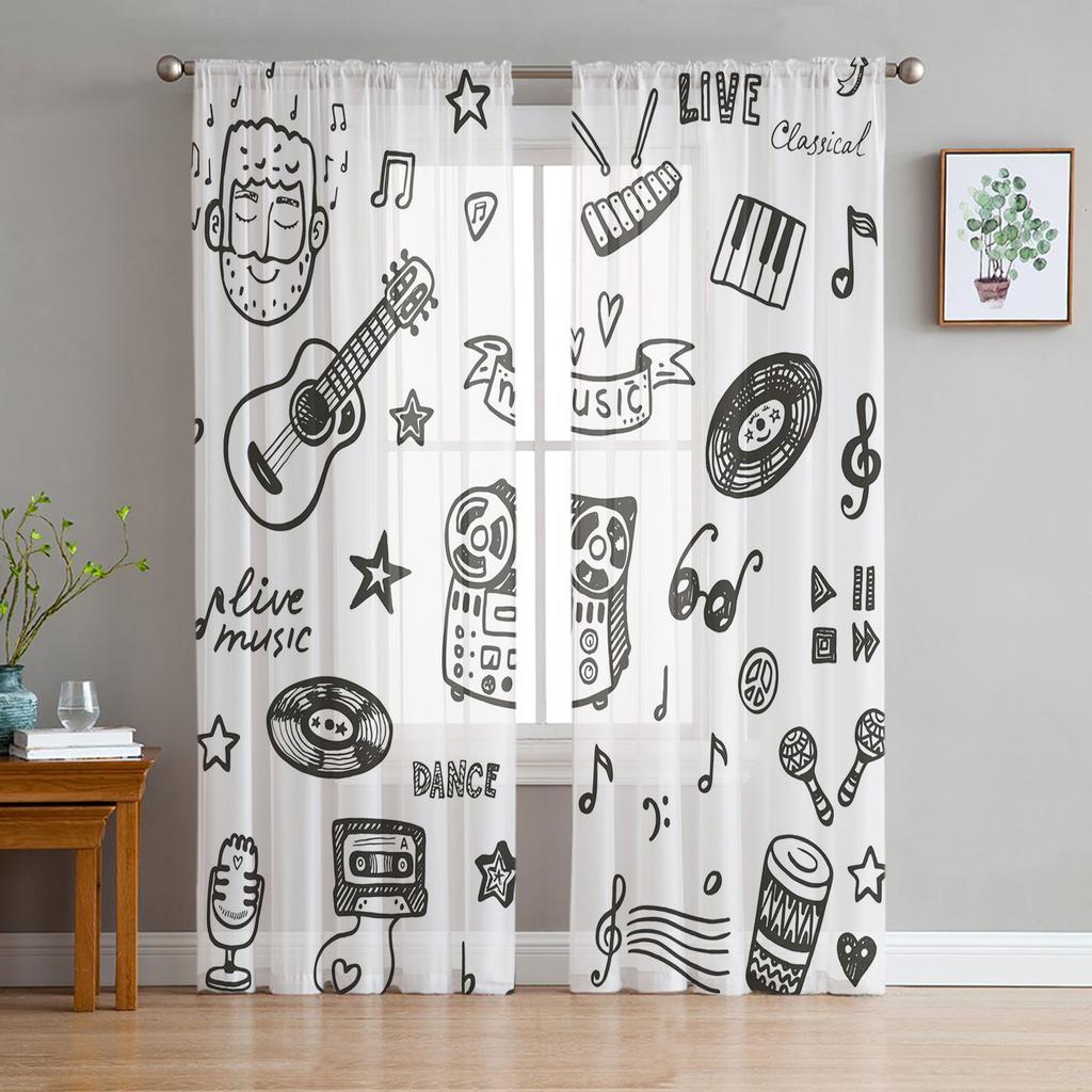 Rock Electric Guitar Skeleton Shoes Sheer Curtains for Living Room Transparent Tulle Window Curtain Bedroom Kitchen Veil Drapes