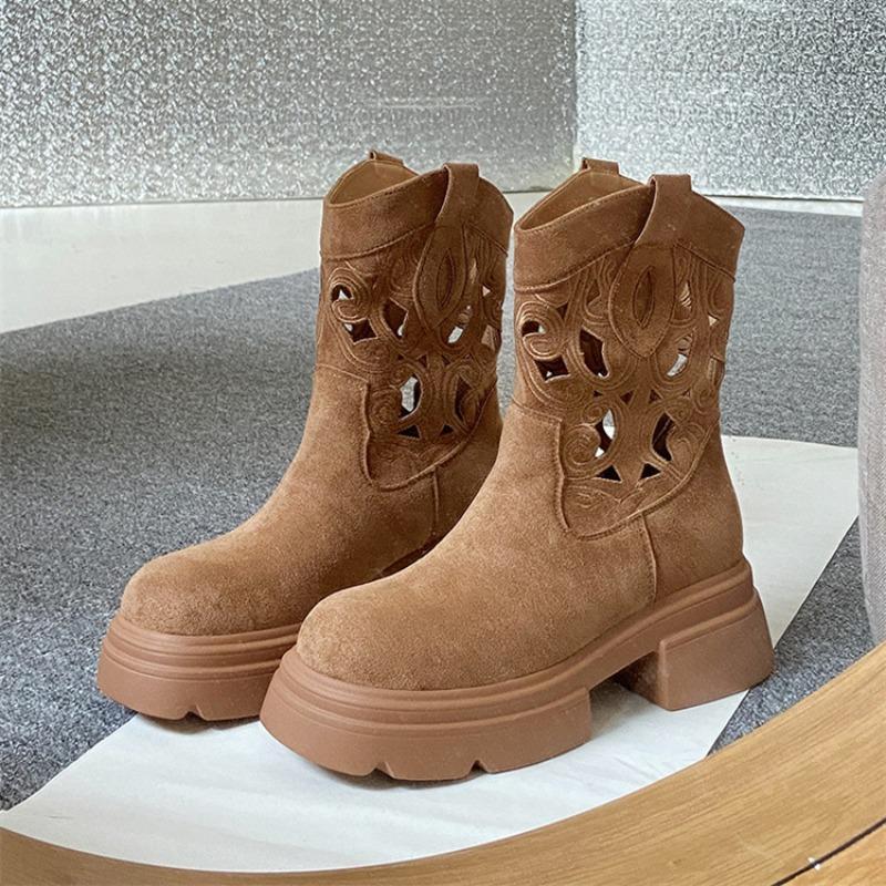 Fashion Retro Western Suede Short Boots Breathable Heightening Women's Botines Versatile Round Toe Mid-Calf Cowboy Boots Botas Mujer