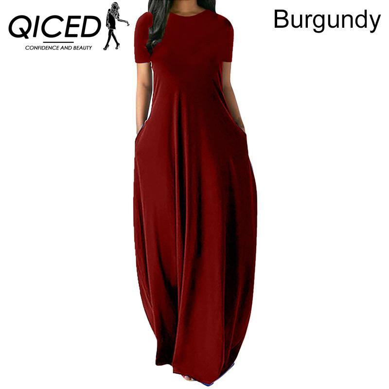 

QICED Женское повседневное свободное длинное платье с круглым вырезом и коротким рукавом, летнее пляжное платье, элегантное вечернее платье XXXXXL бордовый