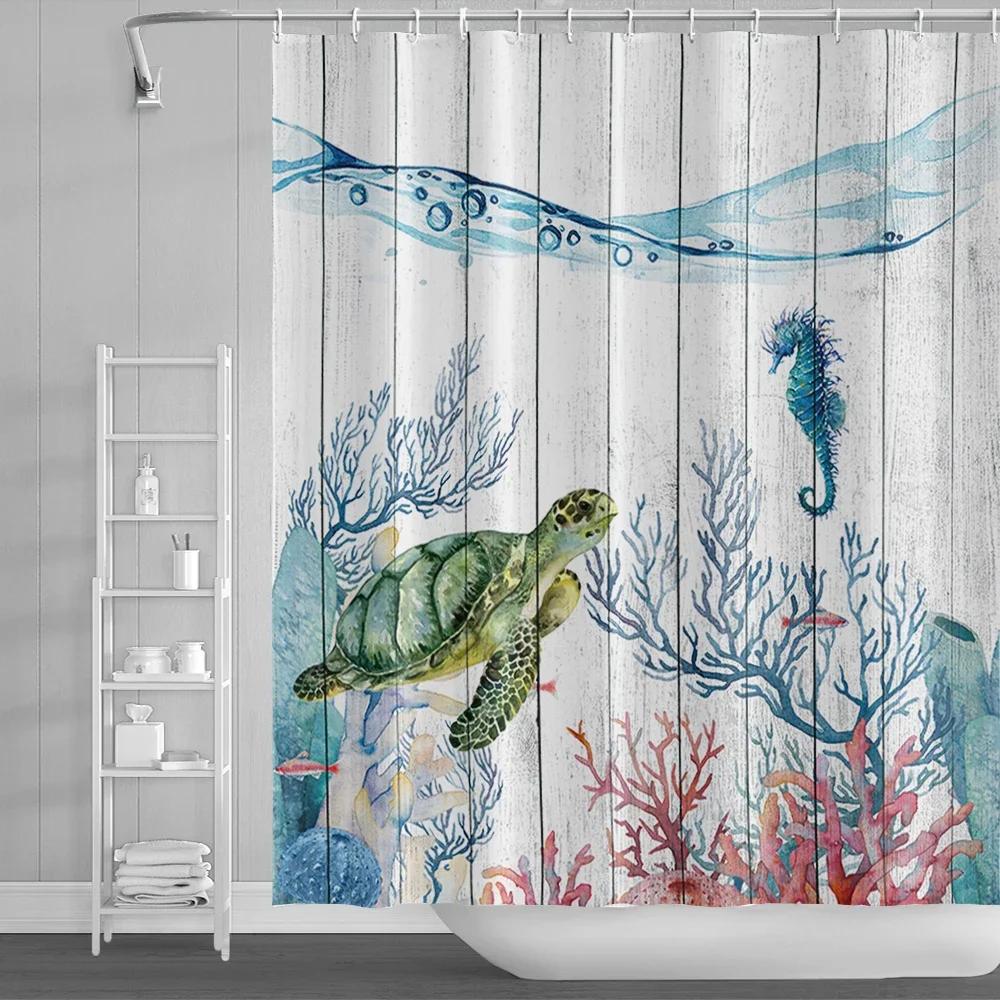 Fun Cartoon Sea Animal Shower Curtain, Sea Turtle Octopus Jellyfish Whale Crab Sea Life Landscape, Bathroom Shower Curtain Set