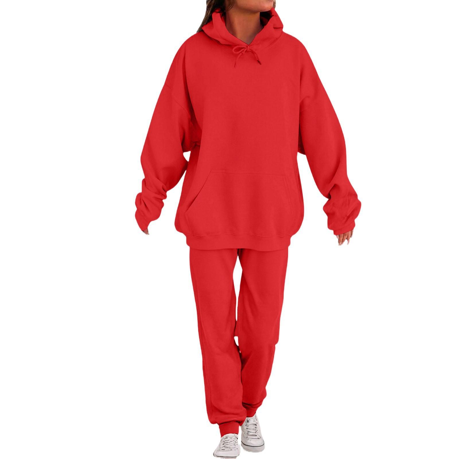 Men s Spring and Autumn Solid Color Suit Hooded Sweater Suit Trend Casual Sports Two-piece Suit S красный