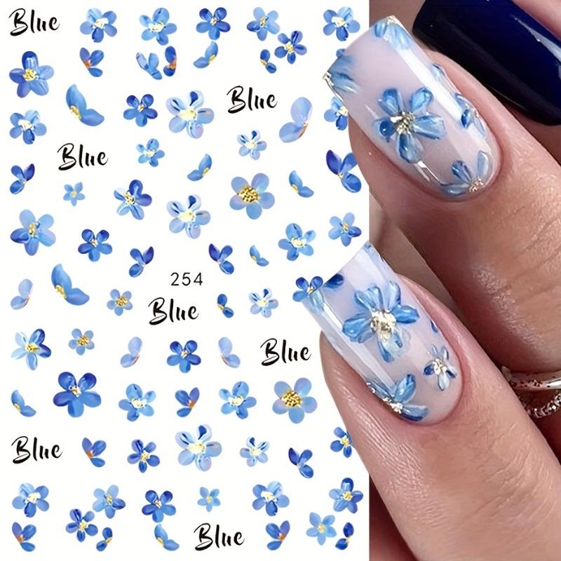 5pcs Watercolor Flower Nail Stickers Self-Adhesive Floral Nail Decals Purple Blue Cornflower Nail Decor for Women DIY Manicure