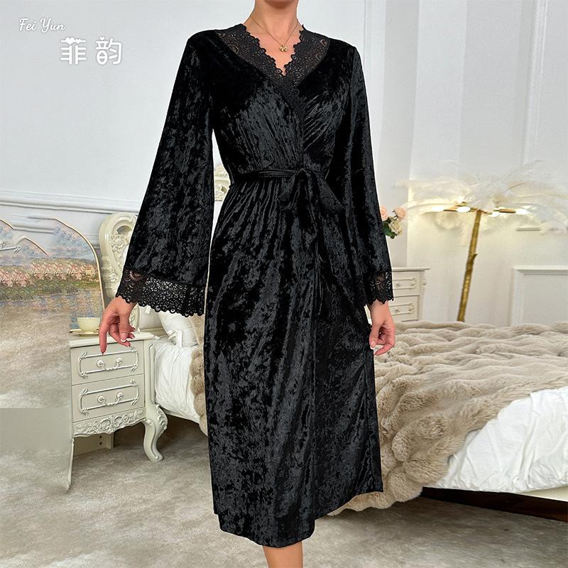 Extended bathrobe sexy lace light luxury long-sleeved velvet nightgown bathrobe