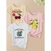 3Pcs Women Short Sleeve T Shirt Set Natural Plant Fruit And Letter Print Retro Round Neck Cute Fashion Tops