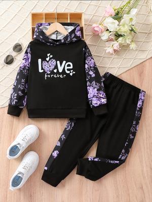 Girls' Fashion Long Sleeve Hoodie & Pants Set - Cute Cartoon & Floral Pattern for Spring/Autumn