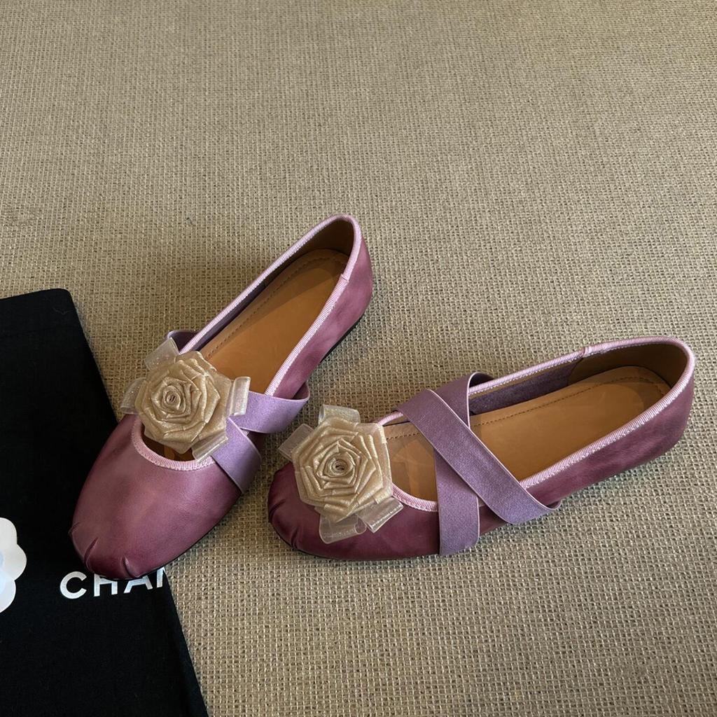 Fashion Women's casual light yellow round toe shoes retro camellia flat bottom cross with shallow mouth simple comfortable single shoe