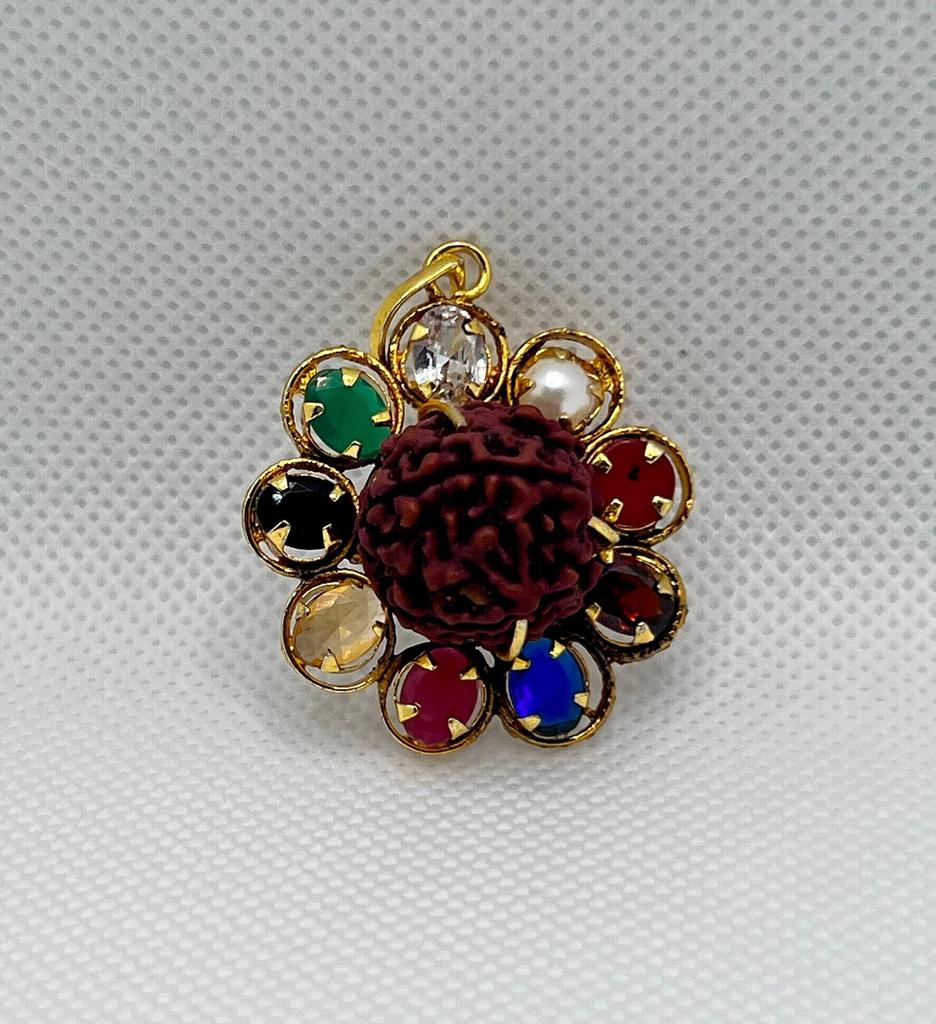 Rudraksha Navratna Locket with Nine Gemstones, Spiritual Power Necklace Pendant, Perfect for Meditation & Healing, Perfect for Everyday Wear