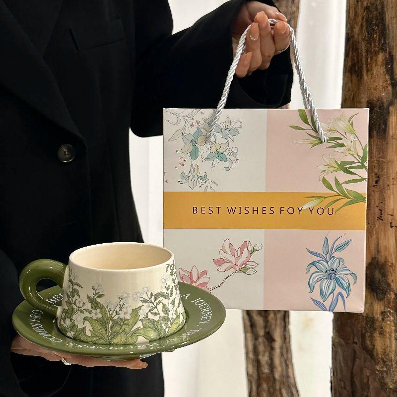 Lily of the Valley Coffee Cup and Saucer Set Chinese Antique Oil Painting Afternoon Tea Latte Milk Cup Girls Ceramic Cup Souvenir