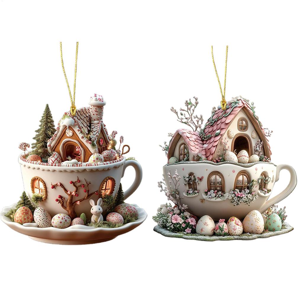 Easter Coffee Cup Ornaments Cartoon Bunny Egg House Coffee Mug Decorative 2D Acrylic Ornaments 2026 Spring Party Supplies