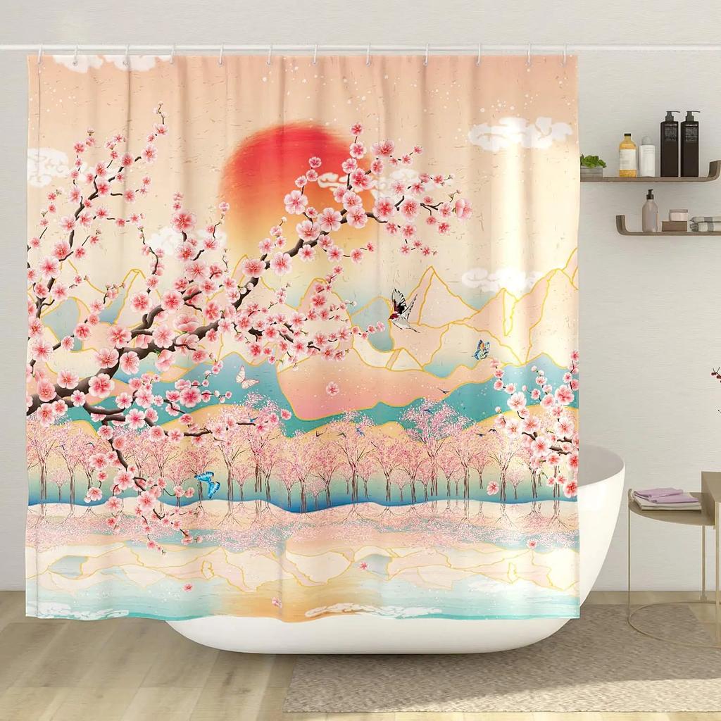 Charming Oriental Blossom Shower Curtain Set - Vibrant Cherry Blossom Designs for Elegant Bathroom Décor, Waterproof & Easy Care