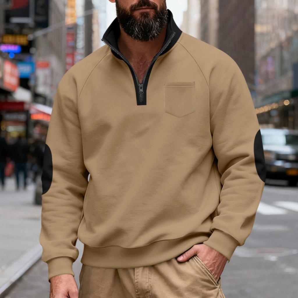 Men's Loose And Casual Two-color Fleece Stand-up Collar Pullover, Half-zipper Long-sleeved Sweatshirt